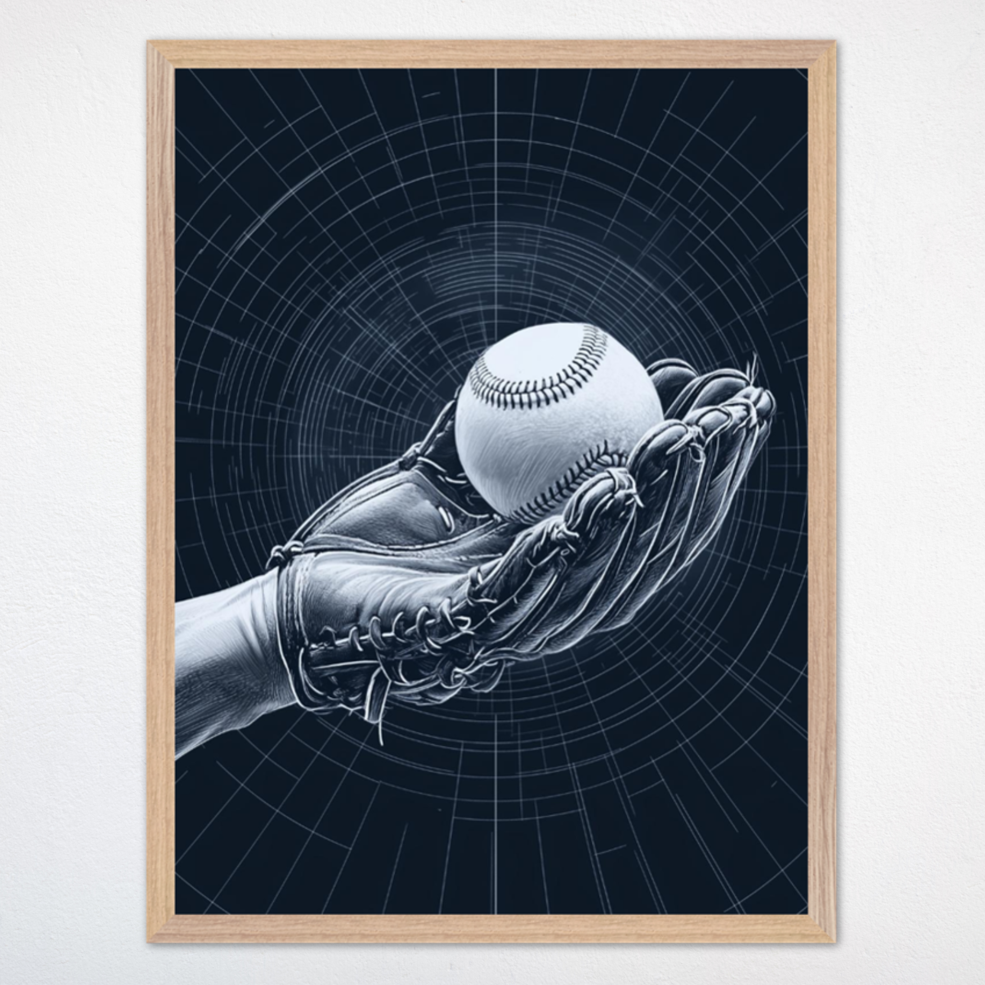 Hand holding a baseball inside a baseball glove, detailed in white lines against a dark, circular patterned background. The artwork captures a sense of precision and readiness, highlighting the intricacies of the baseball stitching and glove texture.