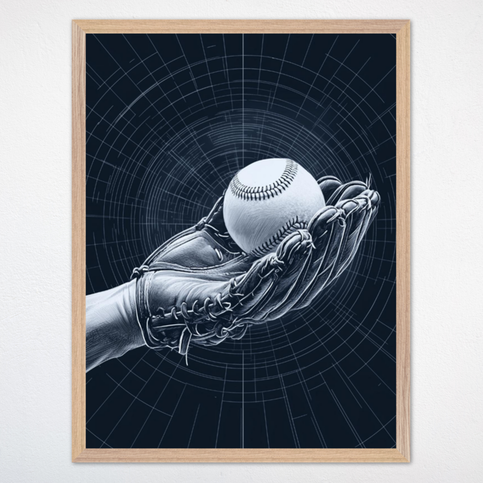 Hand holding a baseball inside a baseball glove, detailed in white lines against a dark, circular patterned background. The artwork captures a sense of precision and readiness, highlighting the intricacies of the baseball stitching and glove texture.