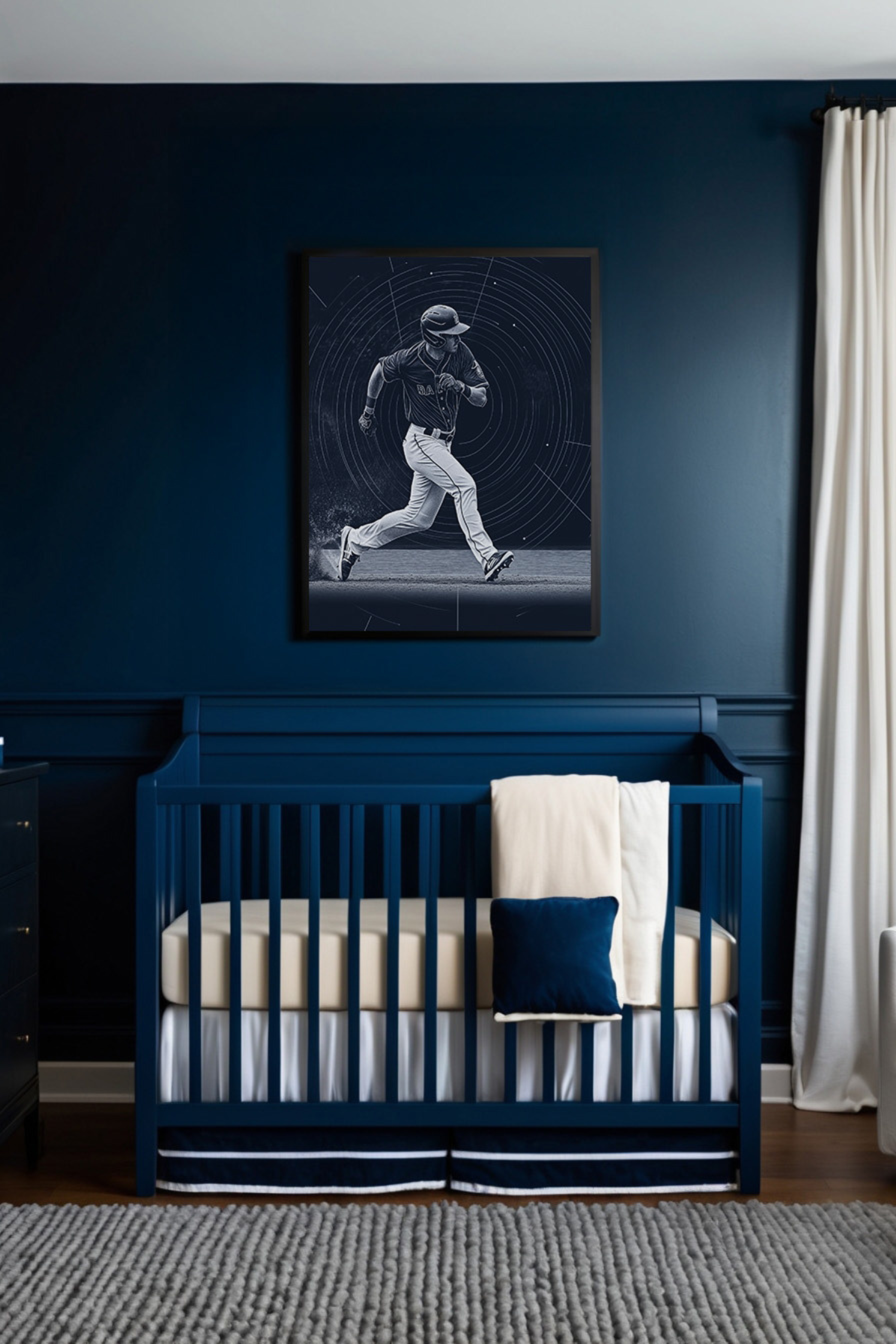 Modern nursery featuring bold navy walls and a matching crib with soft beige and navy bedding. The baseball-themed decor includes striking artwork of a player running, adding a lively, sporty feel to the room.