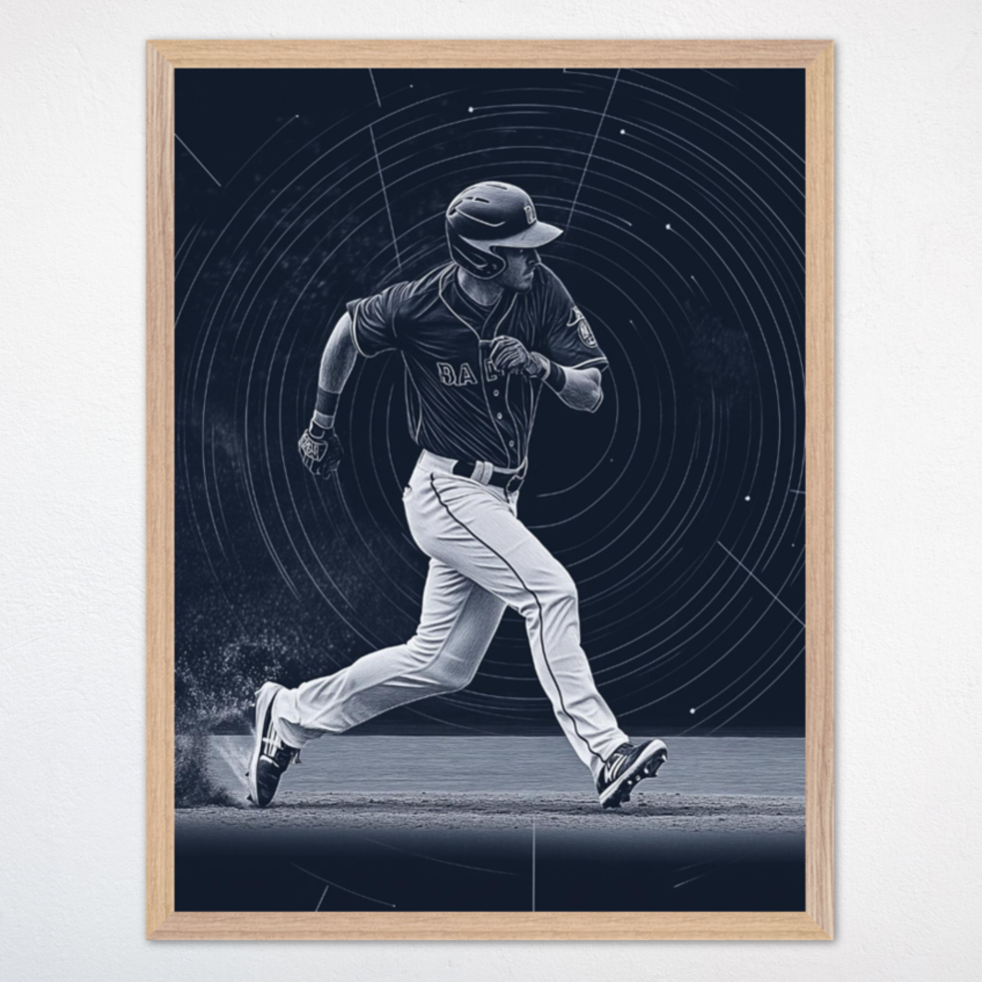 Illustration of a baseball player sprinting around a base, rendered in sharp white line art against a dark background marked by circular patterns that enhance the sense of motion. The image emphasizes the intensity, agility, and speed of base running in baseball.