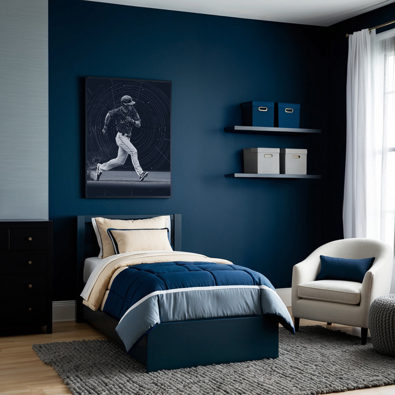 A bedroom decorated in shades of navy, beige, and gray with minimalistic furnishings. Framed artwork above the bed captures the dynamic motion of a baseball player sprinting, reinforcing a sports-themed decor. Soft natural light brightens the cozy and modern setting.