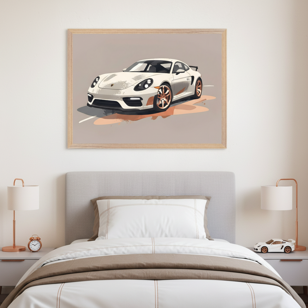 A modern kid's bedroom features a framed artwork of a sleek white sports car with black accents on the wall above a neatly made bed. The bed has white and beige bedding, and on the bedside table is a small model of a similar white sports car, along with a lamp and an alarm clock.