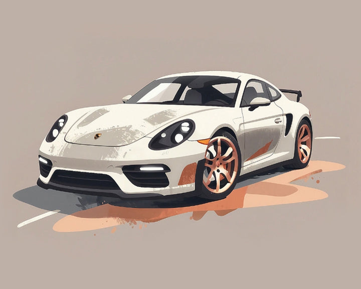 A stylized illustration of a sleek white sports car with distinctive black accents and bronze wheels, set against a neutral background. The car features prominent headlights and a rear spoiler, conveying a sense of speed and elegance.