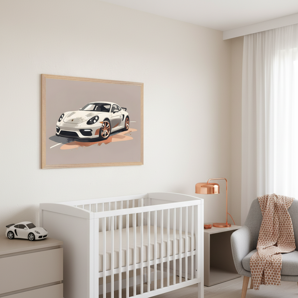 Modern nursery with a white crib, dresser, and a gray armchair. A framed illustration of a white Porsche sports car in a graphic style hangs on the wall above the crib.