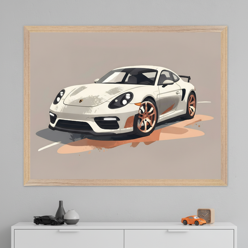 Modern room with a large wood-framed print of a white stylized sports car with rose gold wheels, in an illustrative style, centered above a white dresser. The print has a light brown background. Miniature cars and vases decorate the dresser.