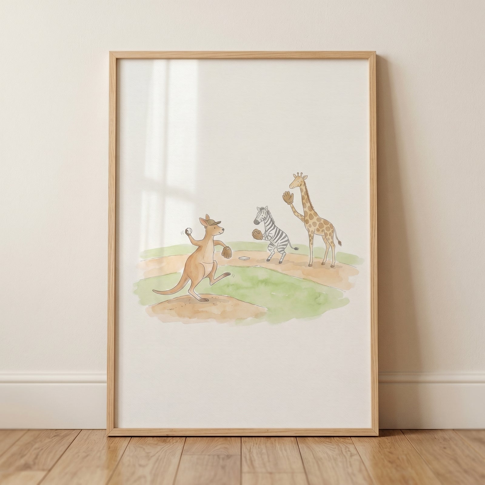 Framed sports team safari animals artwork depicts a watercolor kangaroo, zebra, and giraffe playing baseball.