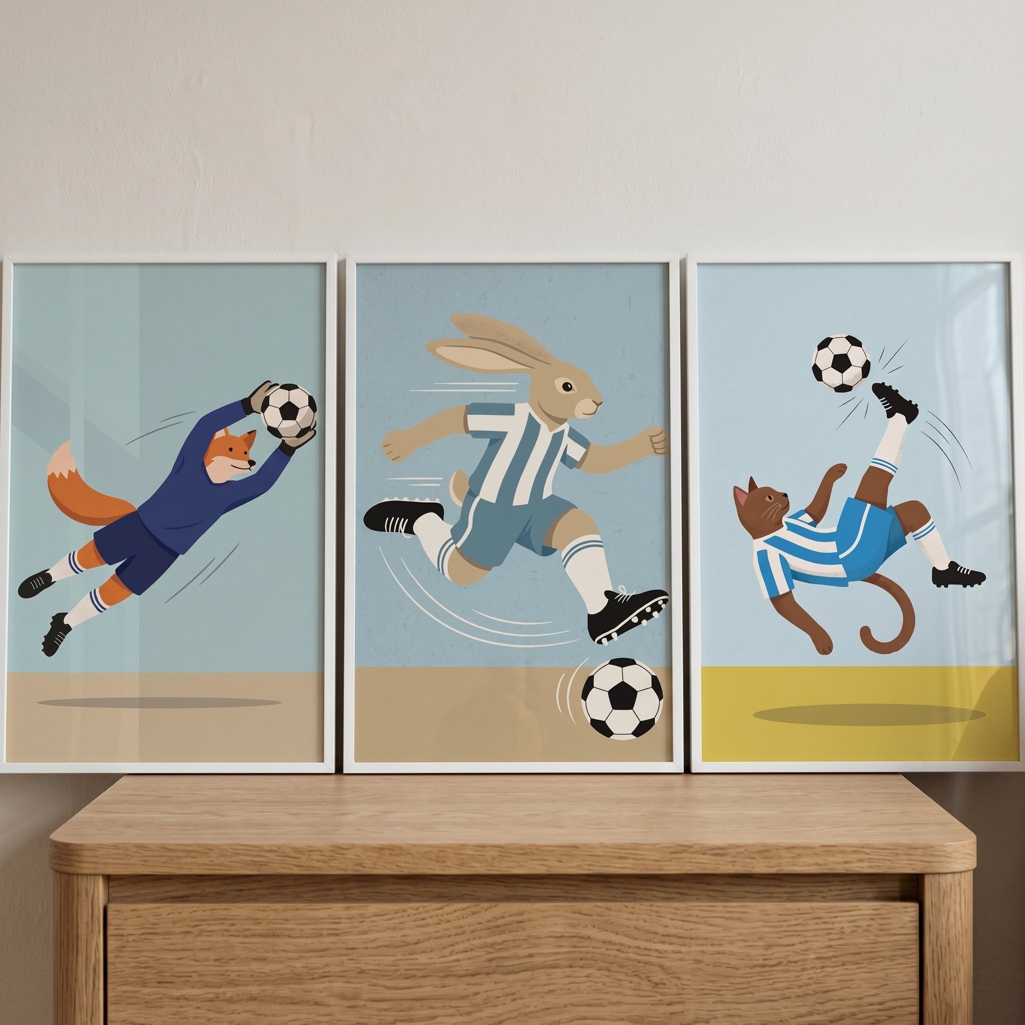 Sporty Blue Football Animal Artwork Set of 3 - Animal Soccer Stars
