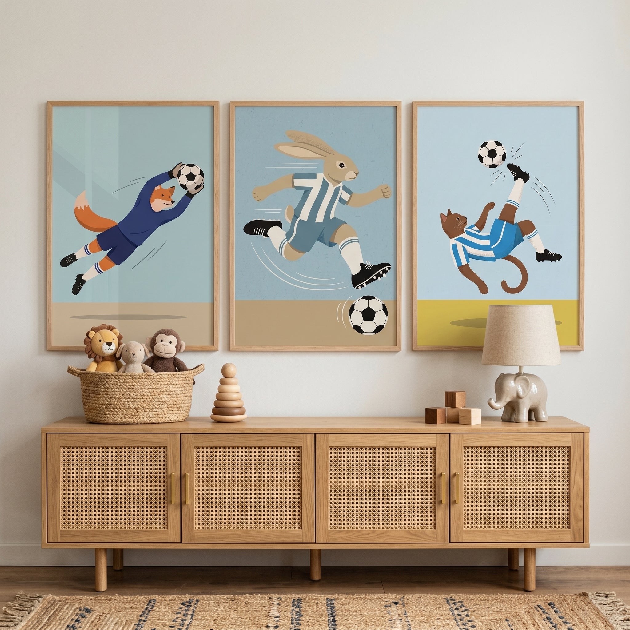 Sporty Blue Football Animal Artwork Set of 3 - Animal Soccer Stars