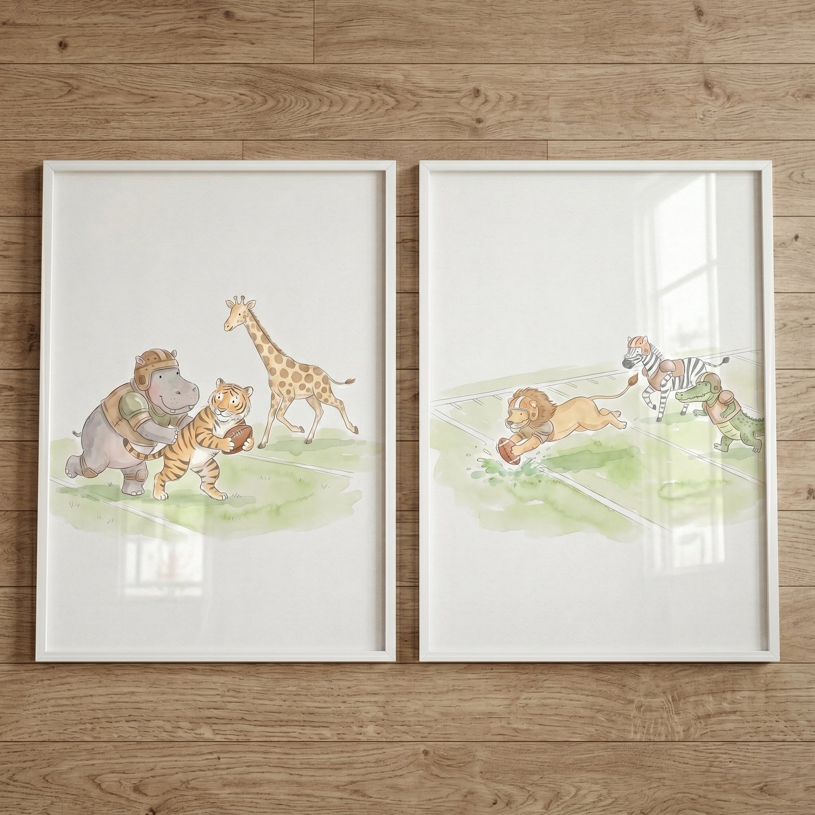 Sporty neutral safari animals wall art set of 2 featuring watercolor animals playing football on a green field.