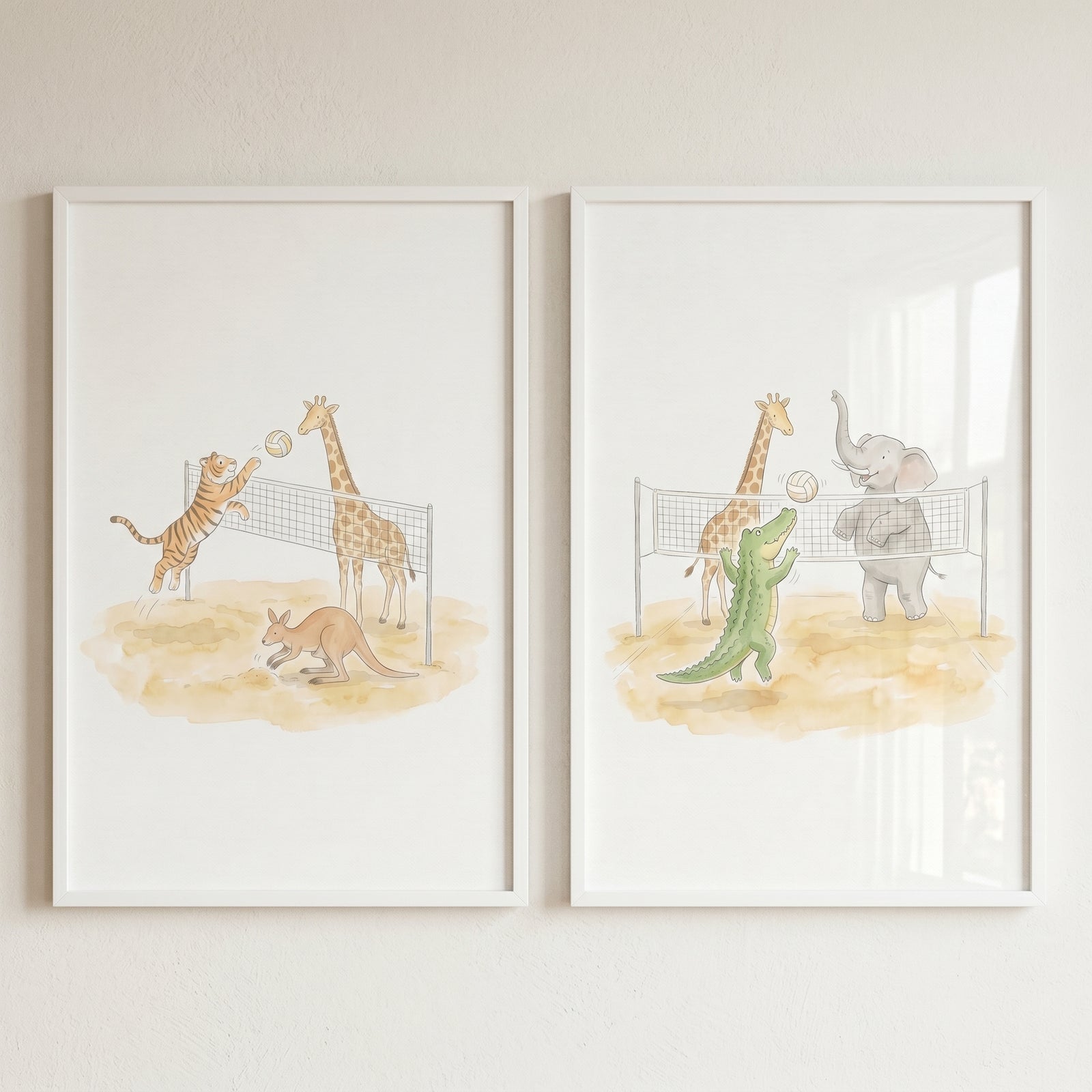 Sporty volleyball safari animals print set of 2 features a watercolor tiger, giraffe, kangaroo, crocodile, and elephant.