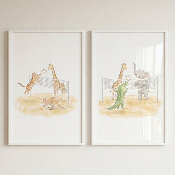 Sporty volleyball safari animals print set of 2 features a watercolor tiger, giraffe, kangaroo, crocodile, and elephant.