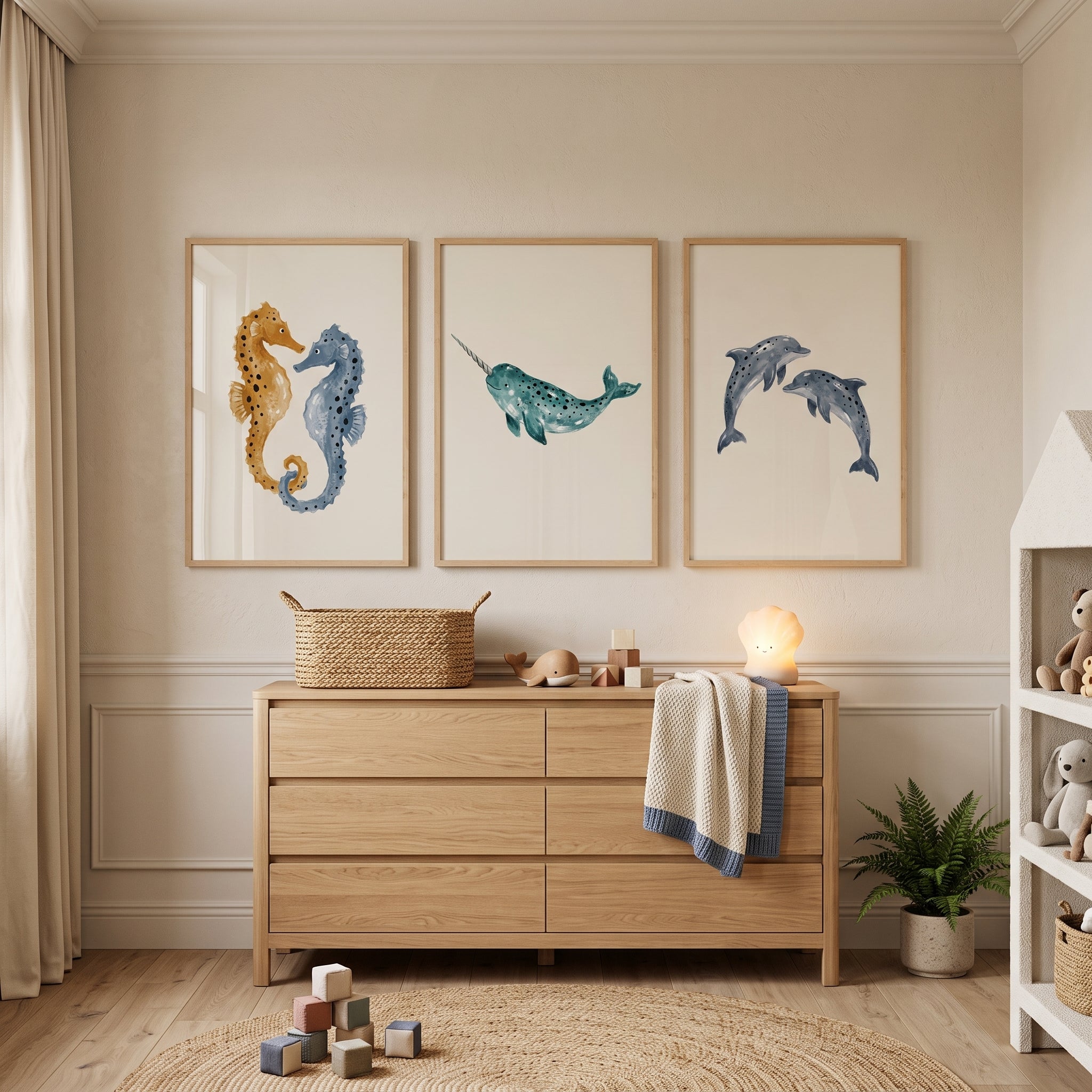 Spotted Blue Sea Animal Wall Art Set of 3 - Ocean Creature Trio
