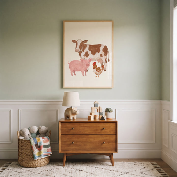 Spotted cow pig chicken animals farm wall art hangs above a wooden dresser, toy basket, and rug in a serene nursery.