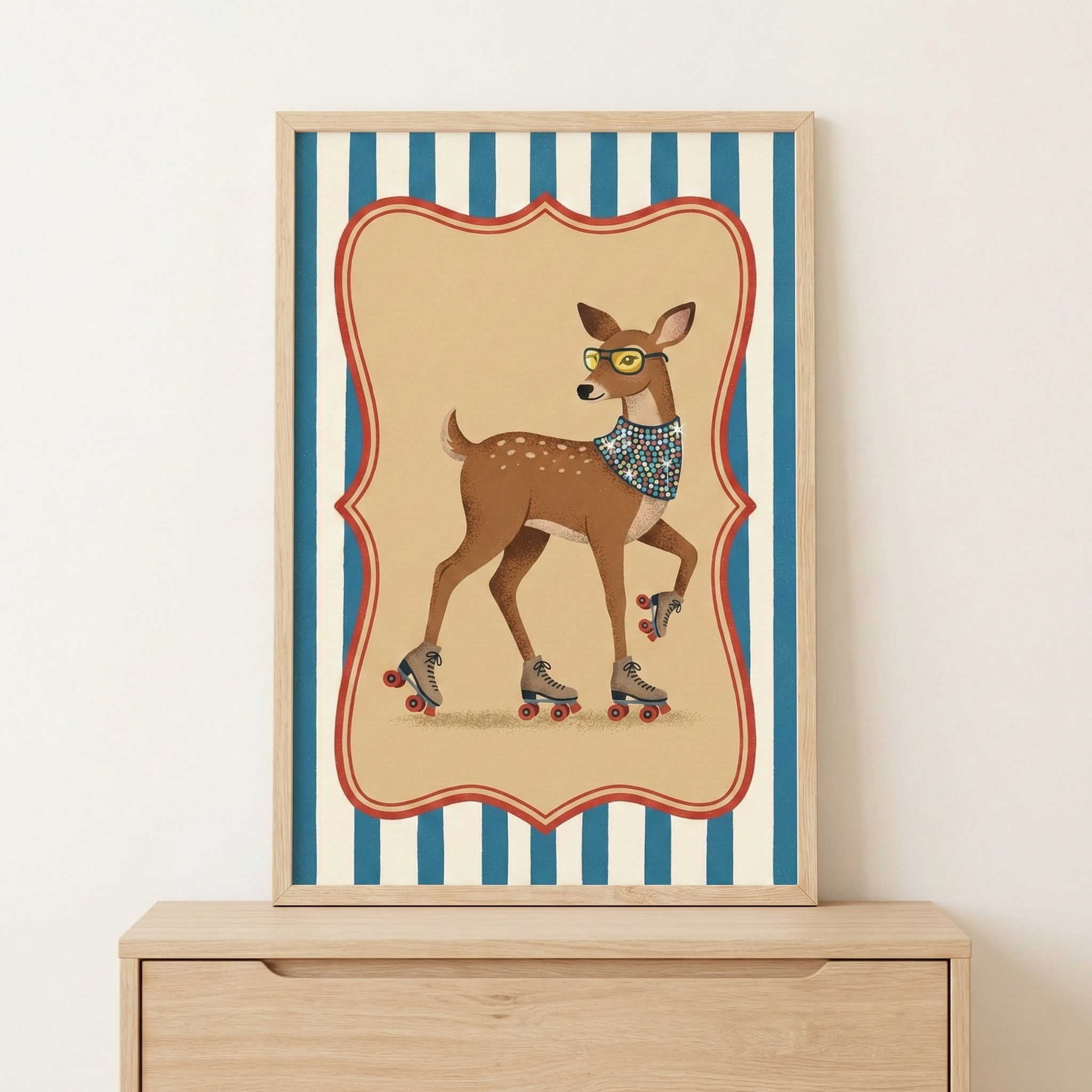 A light wood-framed illustration of a spotted brown deer wearing yellow-rimmed sunglasses, a sparkling patterned neckpiece, and roller skates on all four hooves. The deer is positioned inside a decorative beige shape with a red border, set against a background of vertical blue and white stripes. The framed artwork sits atop a light-colored wooden cabinet against a neutral wall.