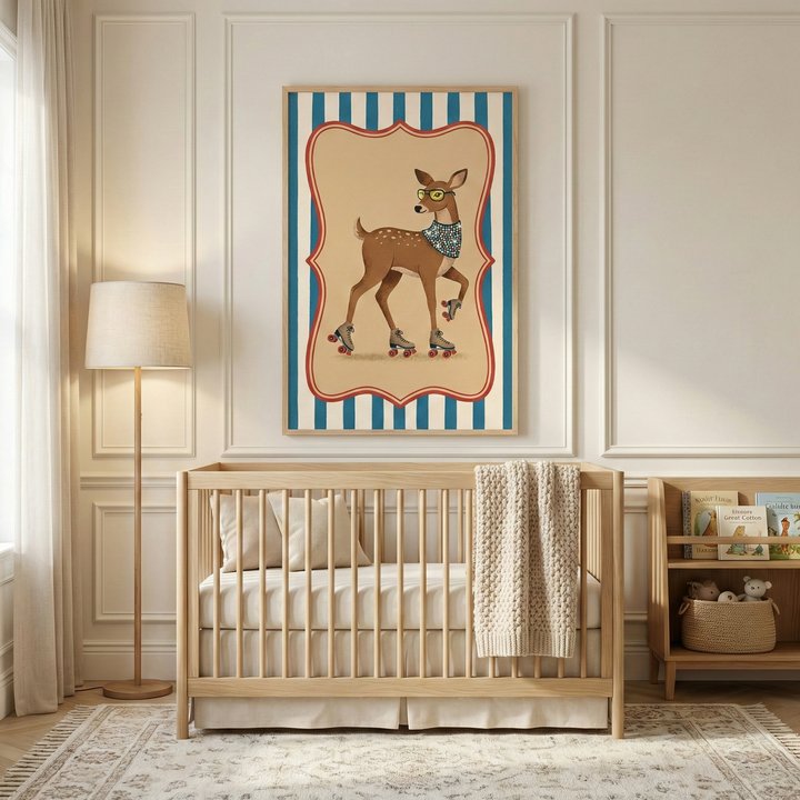 A light-filled nursery features neutral-toned, paneled walls and light wood furniture. Centered on the wall is a large framed vertical artwork depicting a cartoon fawn wearing yellow glasses, a patterned blue bandana, and four roller skates. The fawn is set within a decorative red-trimmed border against a background of thick blue and white vertical stripes. Below the art sits a light-colored wooden crib with cream bedding and a chunky knit blanket draped over its side. 