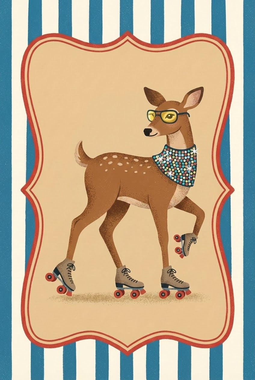 Illustration of a stylish deer wearing yellow glasses, a sparkling blue scarf, and roller skates, posing elegantly against the same whimsical striped background.
