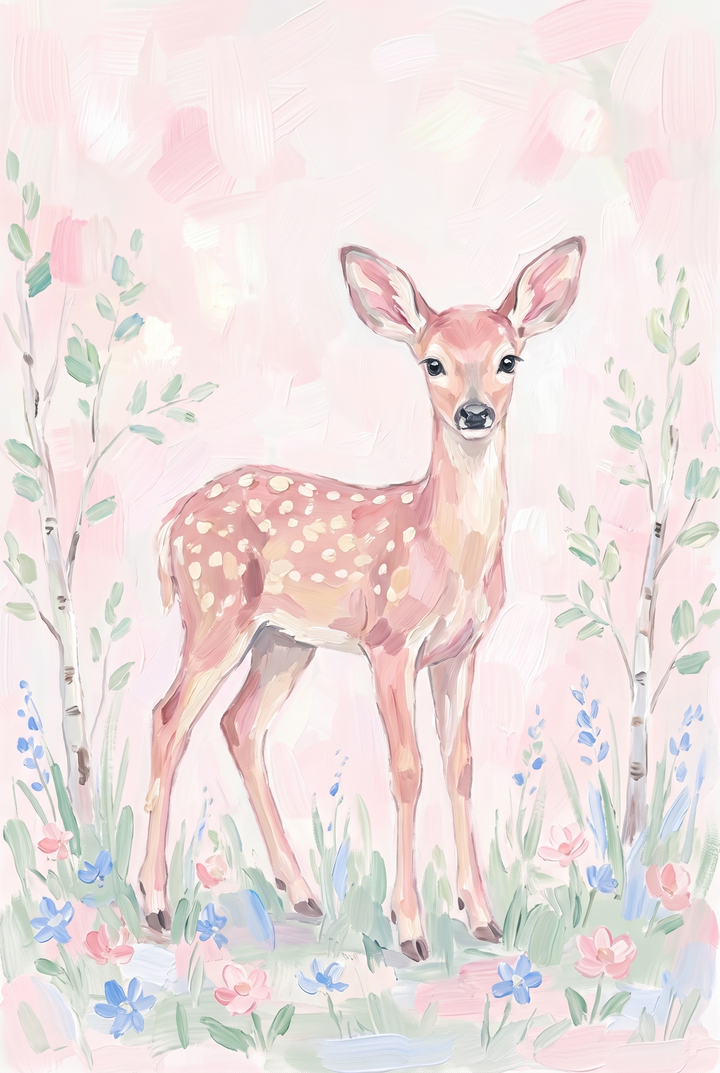 A young deer stands among birch trees and colorful flowers in this spotted pink forest fawn animal wall art.