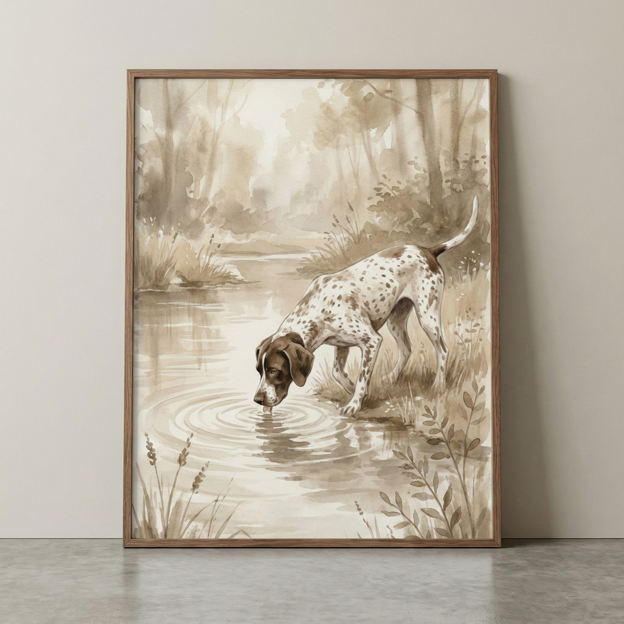 Spotted Pointer Watercolor Wash Wall Art - Sepia Stream Sip