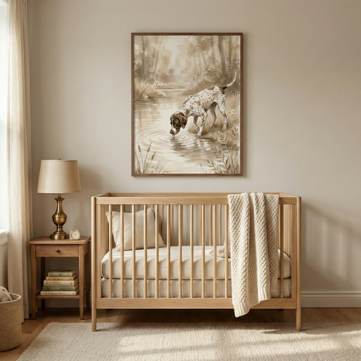 A serene nursery features a light-toned wooden crib centered against a neutral beige wall. Hanging above the crib is a large, framed artwork in muted sepia tones, depicting a spotted dog drinking from a pond in a wooded landscape. An off-white, chunky knit blanket is draped over the side of the crib. To the left, a small wooden nightstand holds a classic brass lamp and a stack of books. Soft natural light fills the room, highlighting a light-colored rug and simple white curtains.