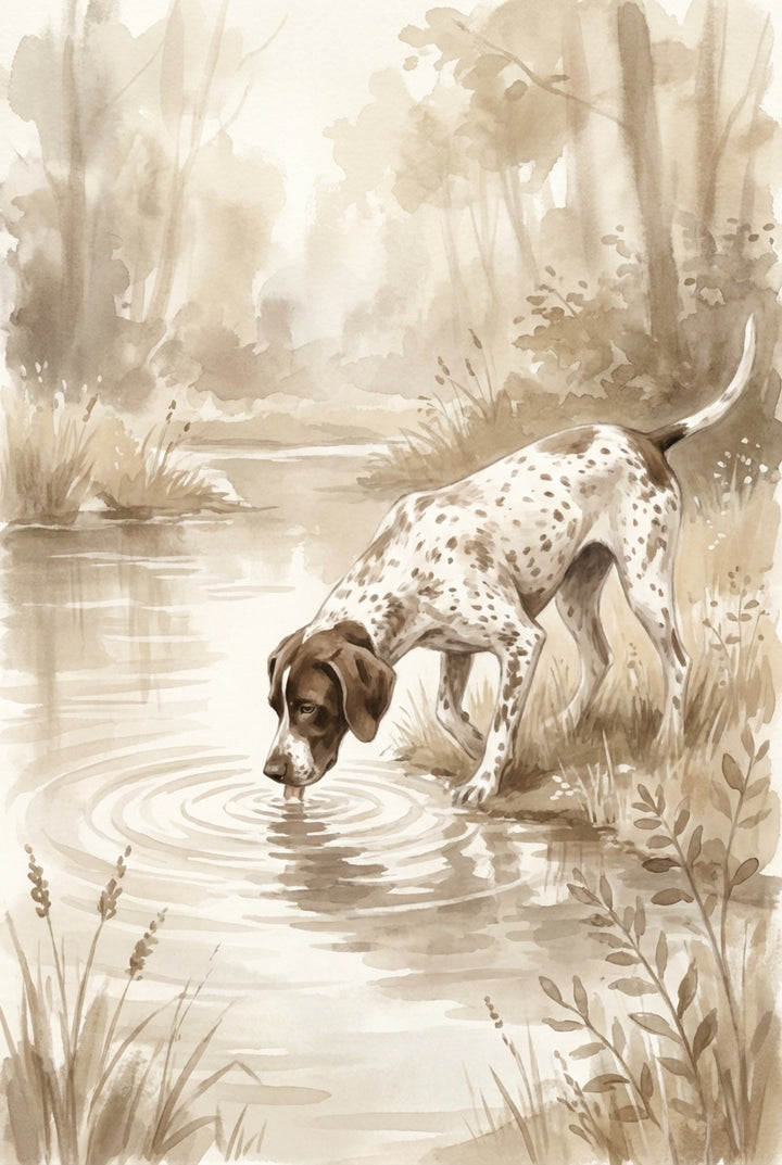 Watercolor artwork of a spotted hunting dog lowering its head to drink from a calm woodland stream, illustrated in soft sepia and beige tones.
