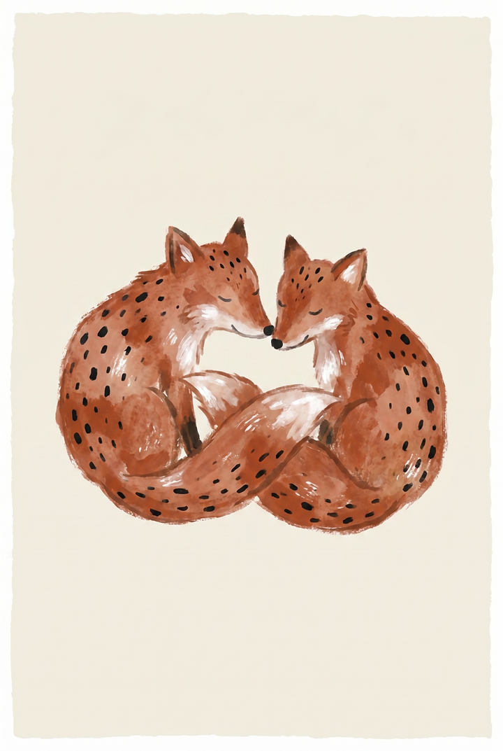 Spotted rust watercolor fox wall art of two foxes touching noses to form a heart shape on a cream background.