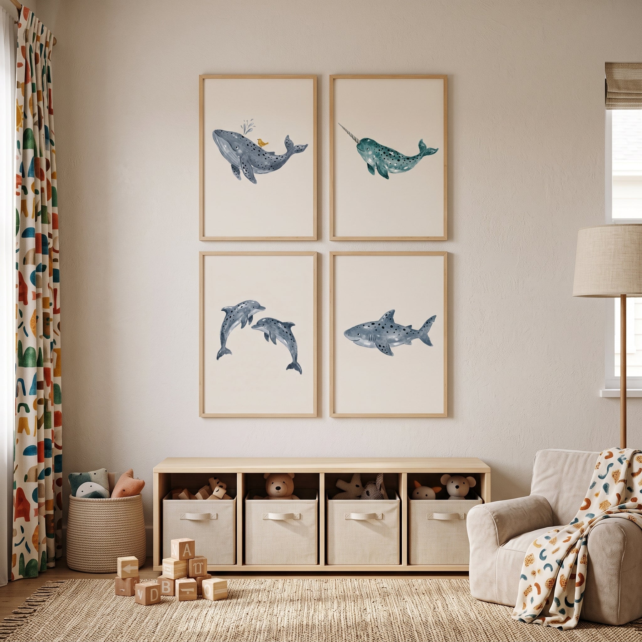 Spotted Watercolor Sea Animal Wall Art Set of 4 - Ocean Friends Set