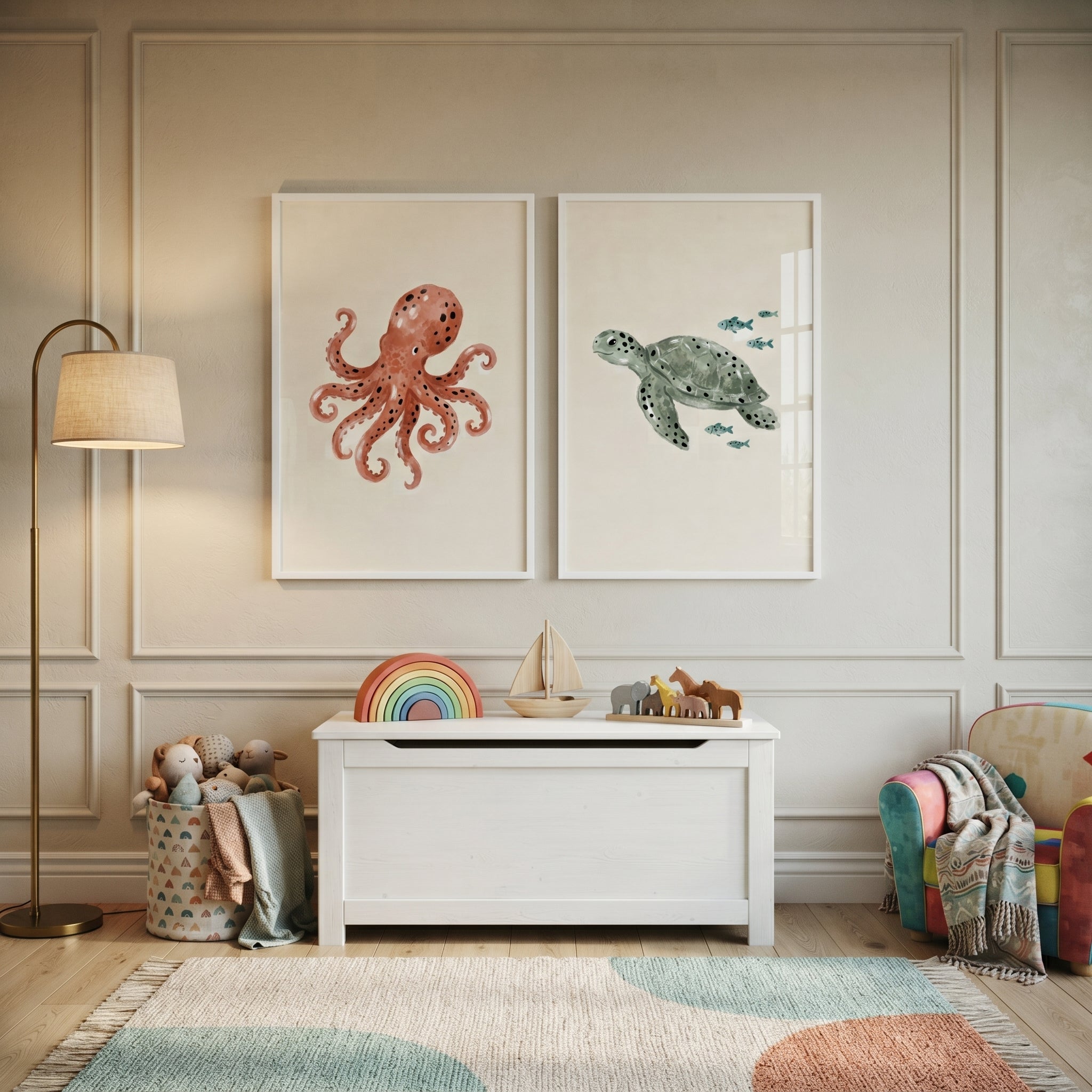 Spotted Watercolor Sea Creatures Wall Art Set of 2 - Ocean Friends Duo