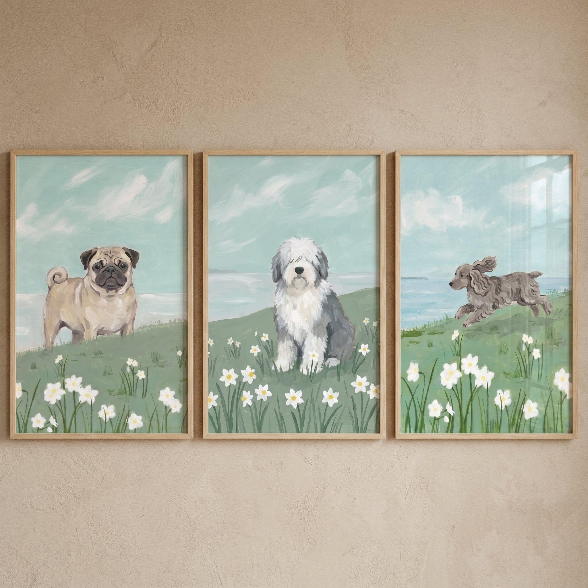 Spring Daffodil Meadow Dog Wall Art Set of 3 - Floral Dog Trio