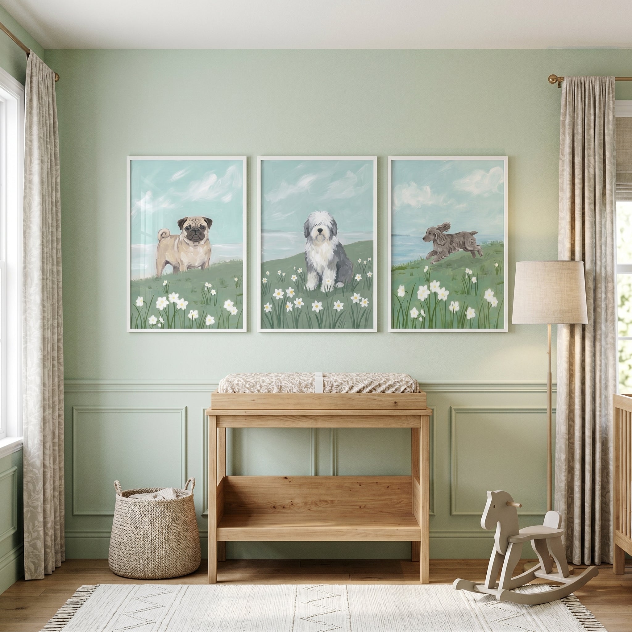 Spring Daffodil Meadow Dog Wall Art Set of 3 - Floral Dog Trio