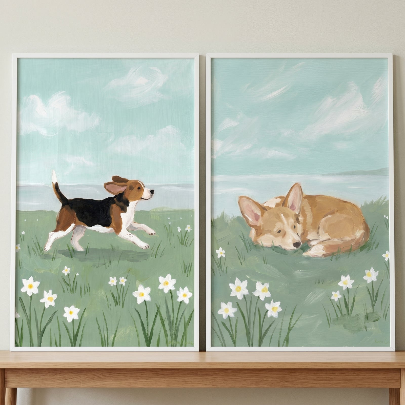French country floral dogs wall art set of 2 featuring a sheepdog and spaniel in fields of white flowers.