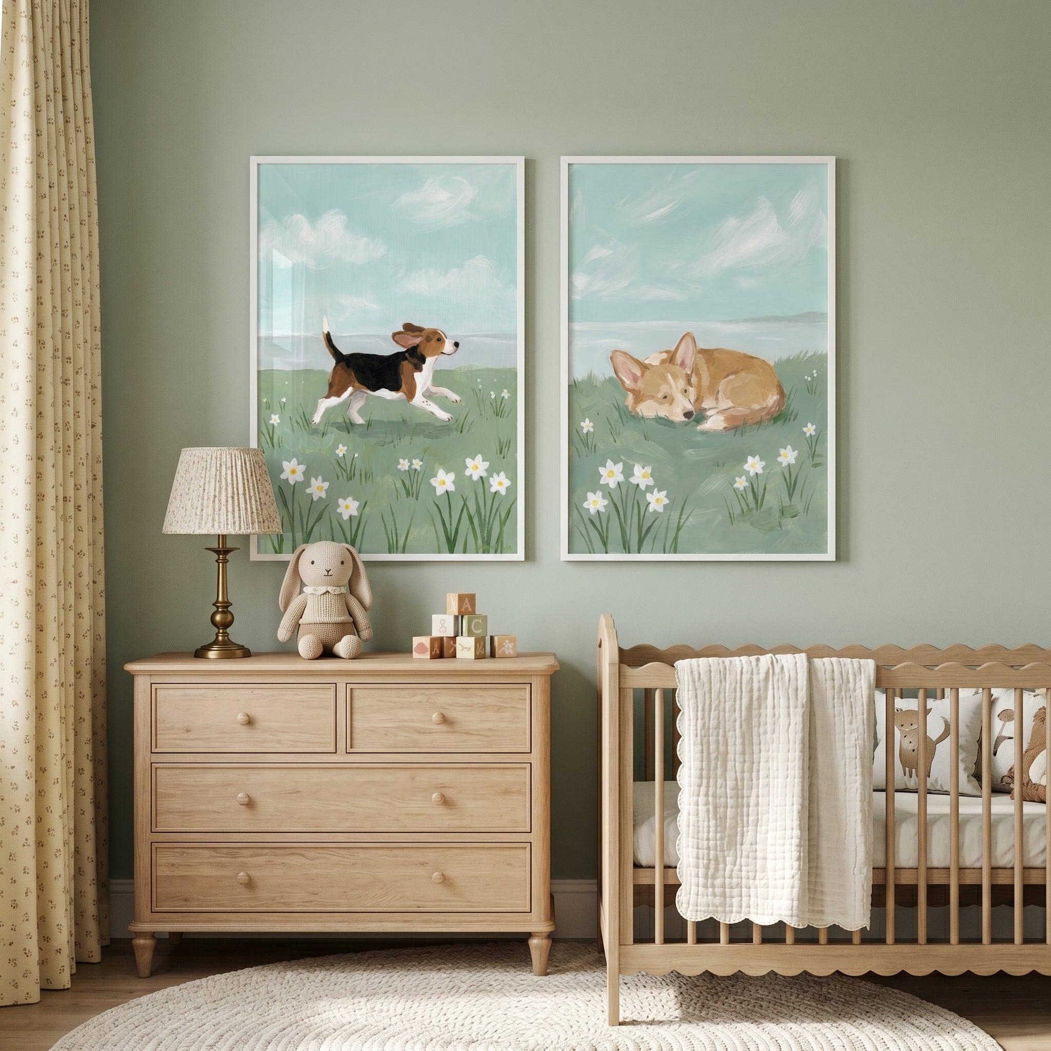 Spring Daffodil Meadow Dogs Wall Art Set of 2 - Sunny Meadow Pups