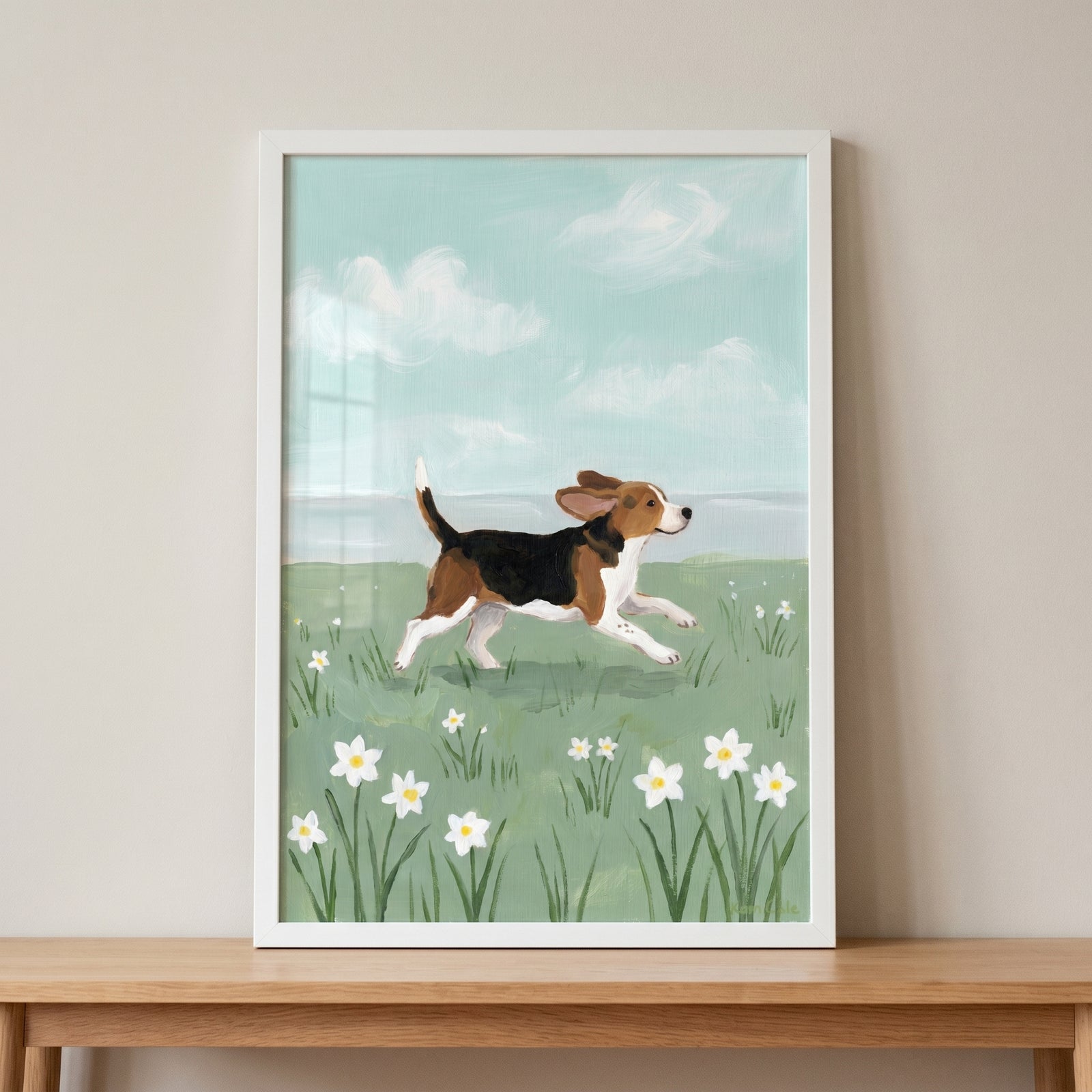 Spring meadow jumping beagle dog wall art featuring a tricolor hound leaping through white flowers under a cloudy sky.