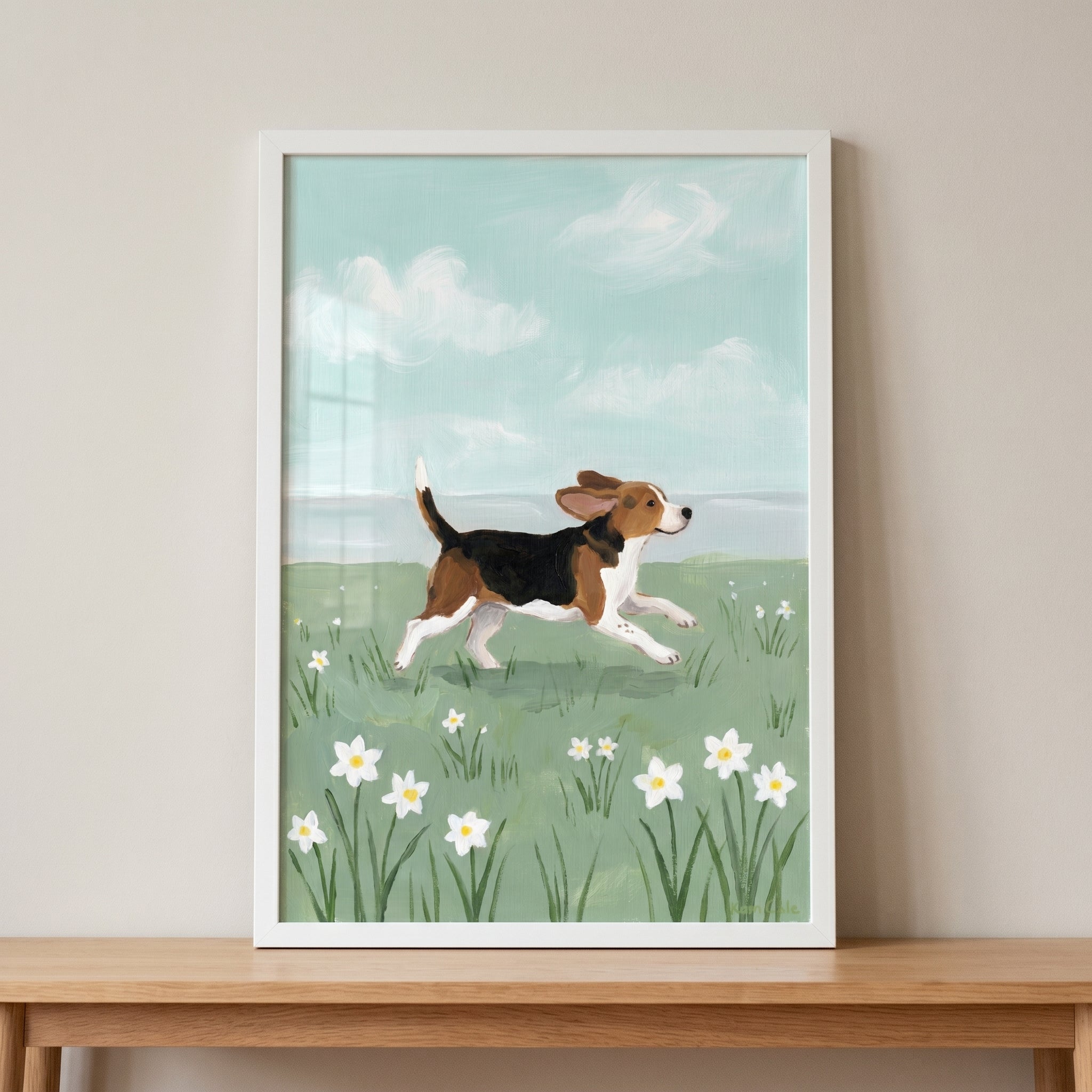 Spring Meadow Jumping Beagle Dog Wall Art - Beagle In Bloom