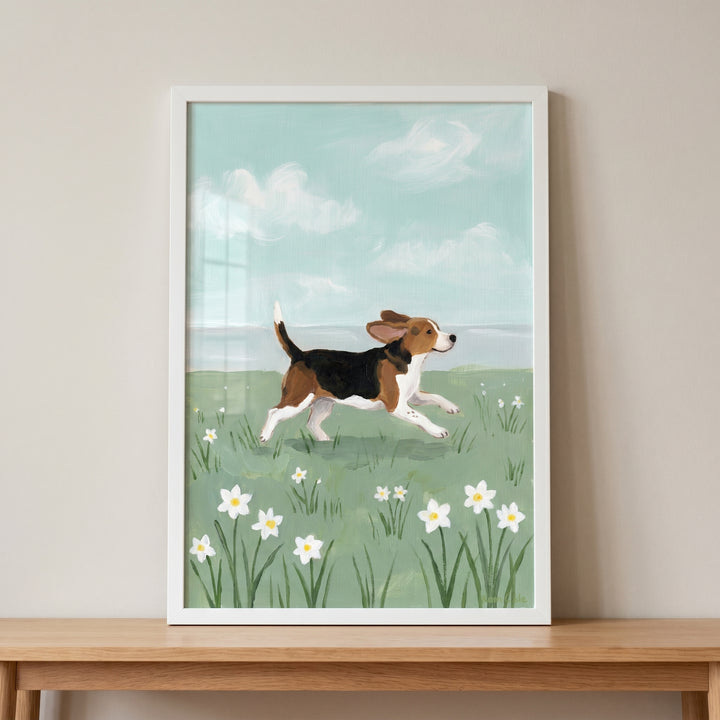 Spring meadow jumping beagle dog wall art featuring a tricolor hound leaping through white flowers under a cloudy sky.