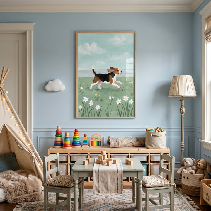 Light blue playroom with a teepee and spring meadow jumping beagle dog wall art over a table and toy storage unit.