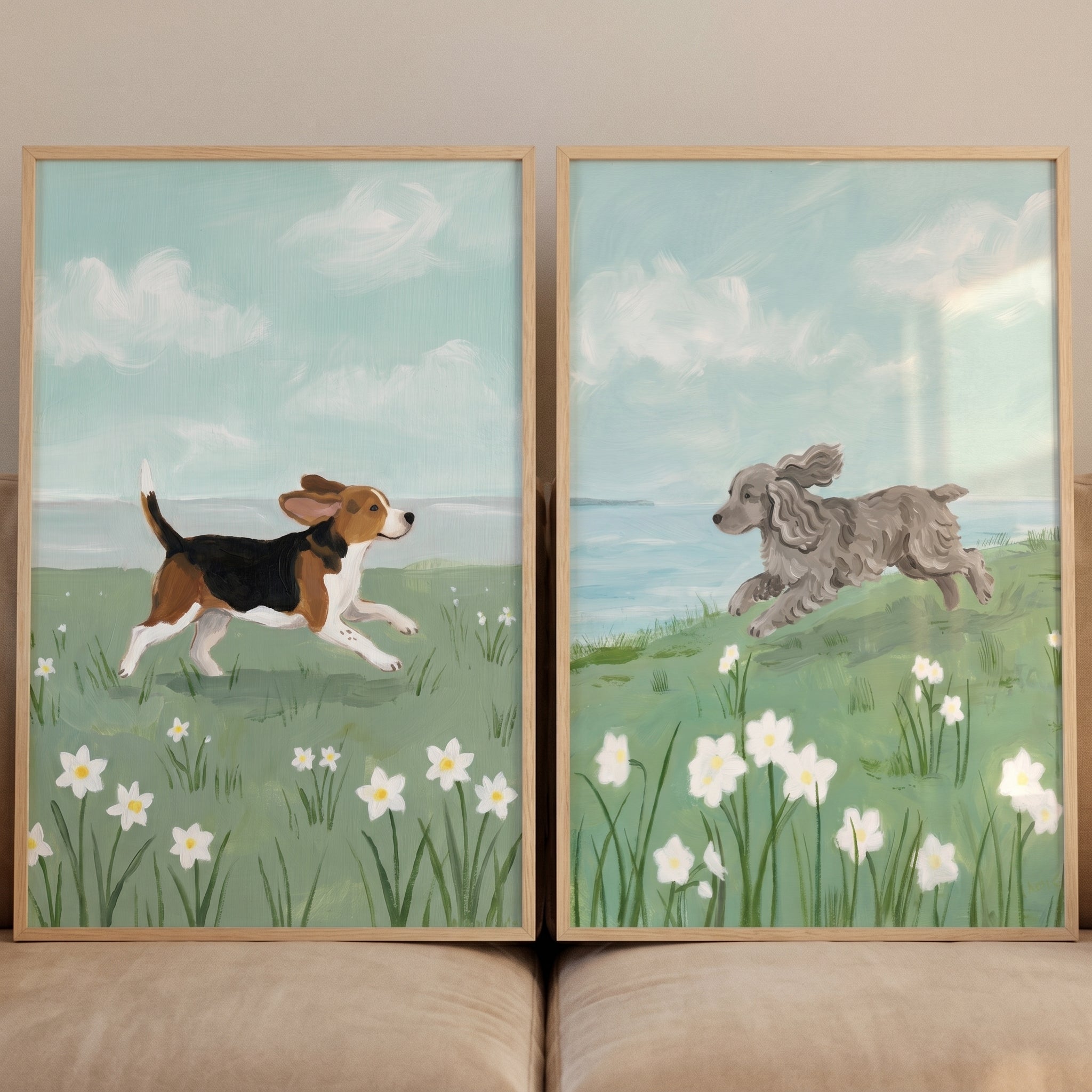 Spring Meadow Running Dogs Wall Art Set of 2 - Springtime Canine Joy