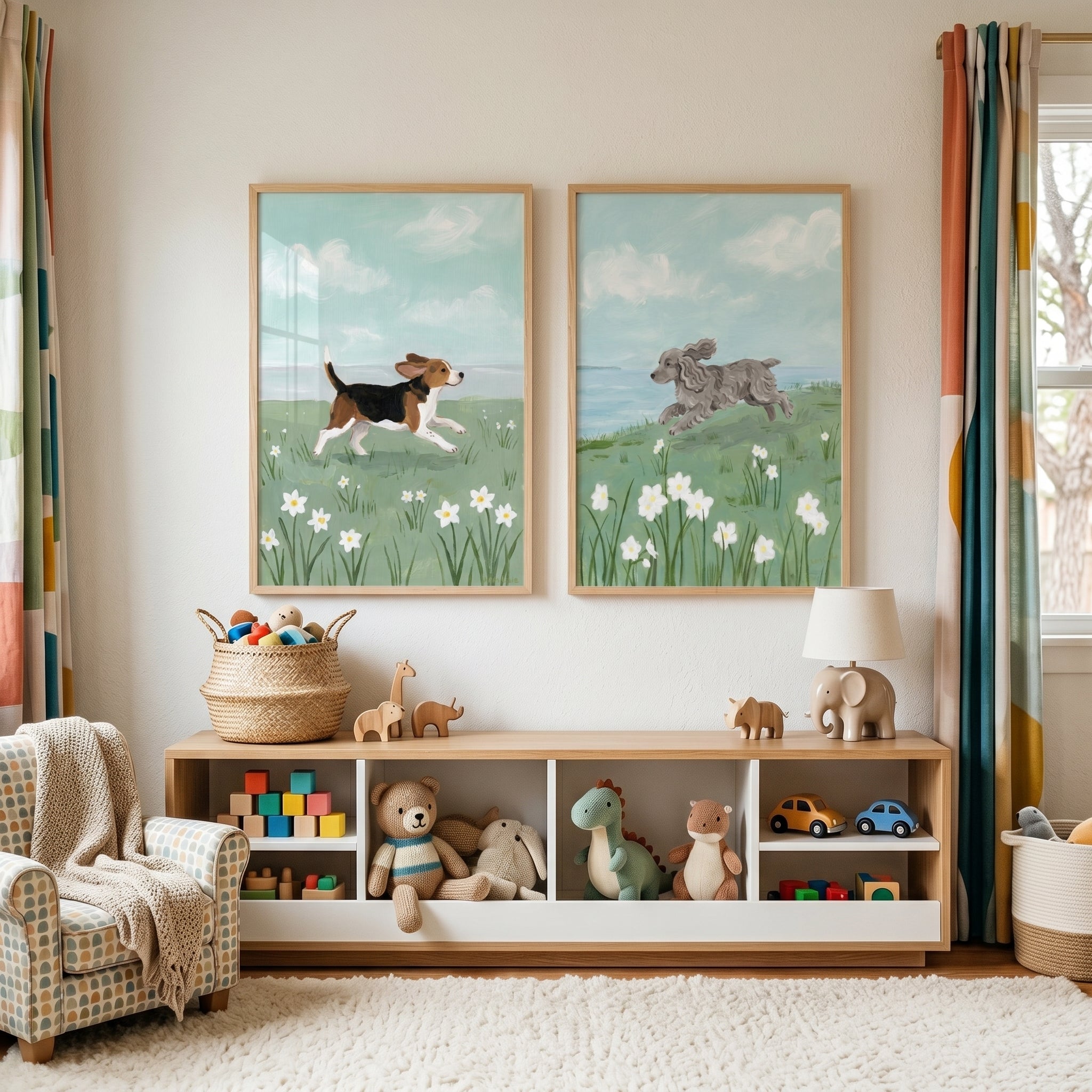 Spring Meadow Running Dogs Wall Art Set of 2 - Springtime Canine Joy
