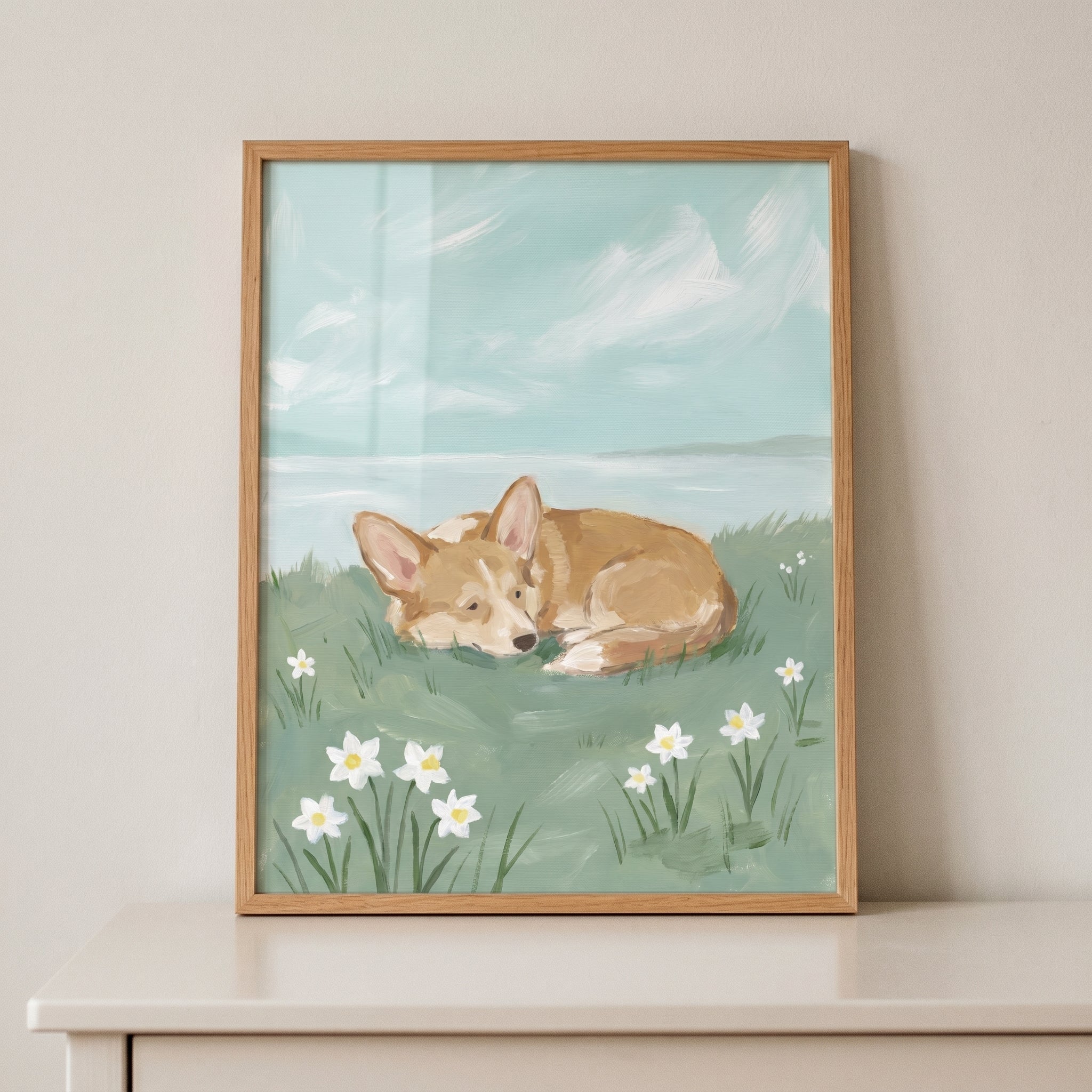 Spring Meadow Sleeping Corgi Dog Artwork - Meadow Nap Time