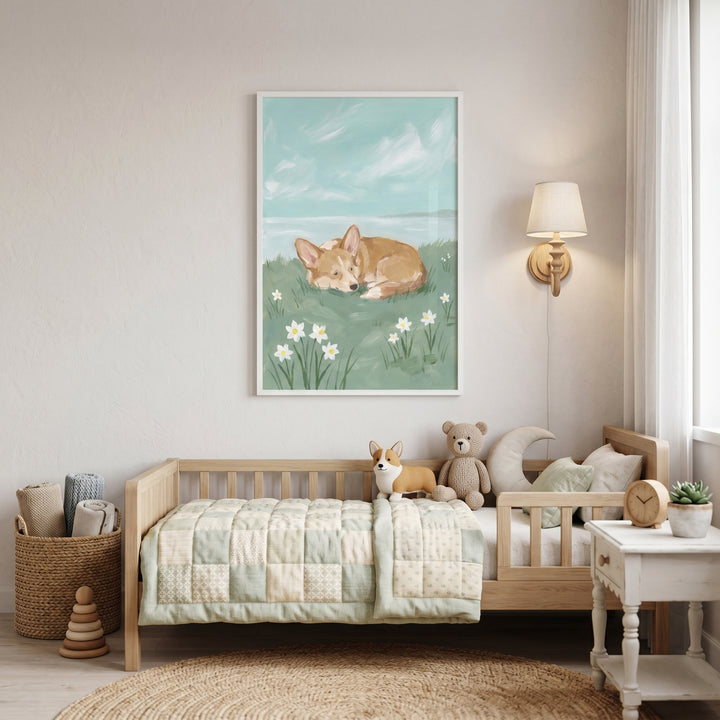 Child's bedroom featuring a wooden bed, toys, and spring meadow sleeping corgi dog artwork displayed on the wall.