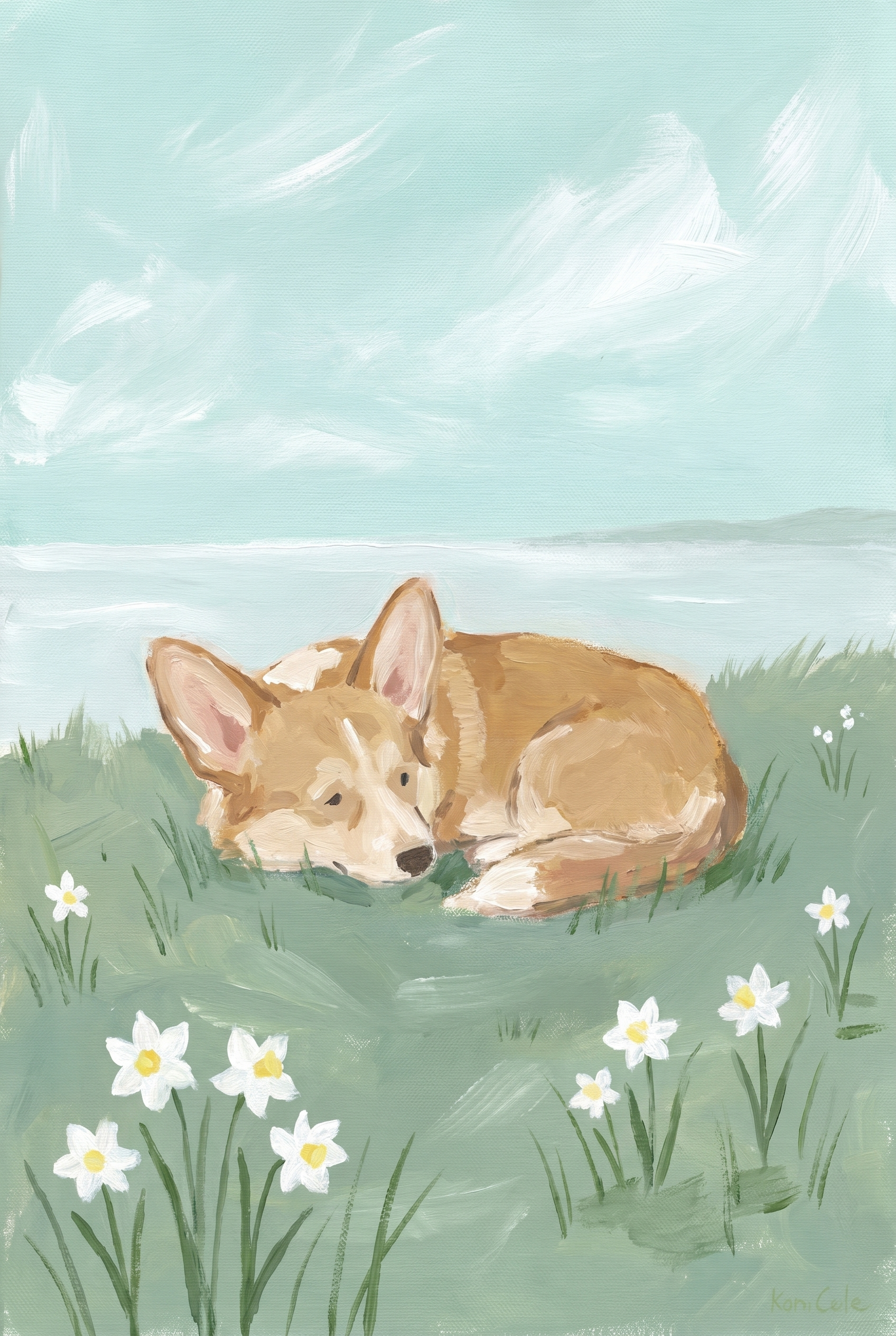 Spring Meadow Sleeping Corgi Dog Artwork - Meadow Nap Time