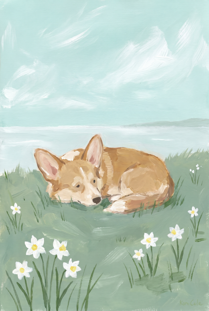 Spring meadow sleeping corgi dog artwork with a tan dog resting in green grass with white flowers and a pale blue sky.