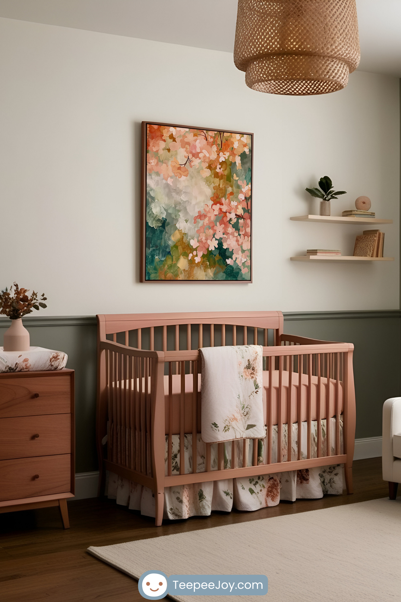 Soft, modern nursery featuring a peach-toned wooden crib with floral bedding, a matching dresser with a blush floral changing pad, and a cozy white armchair with a pink floral pillow. A vibrant abstract floral painting hangs above the crib, adding a splash of spring colors, while floating shelves and a woven pendant light complete the warm, serene space.