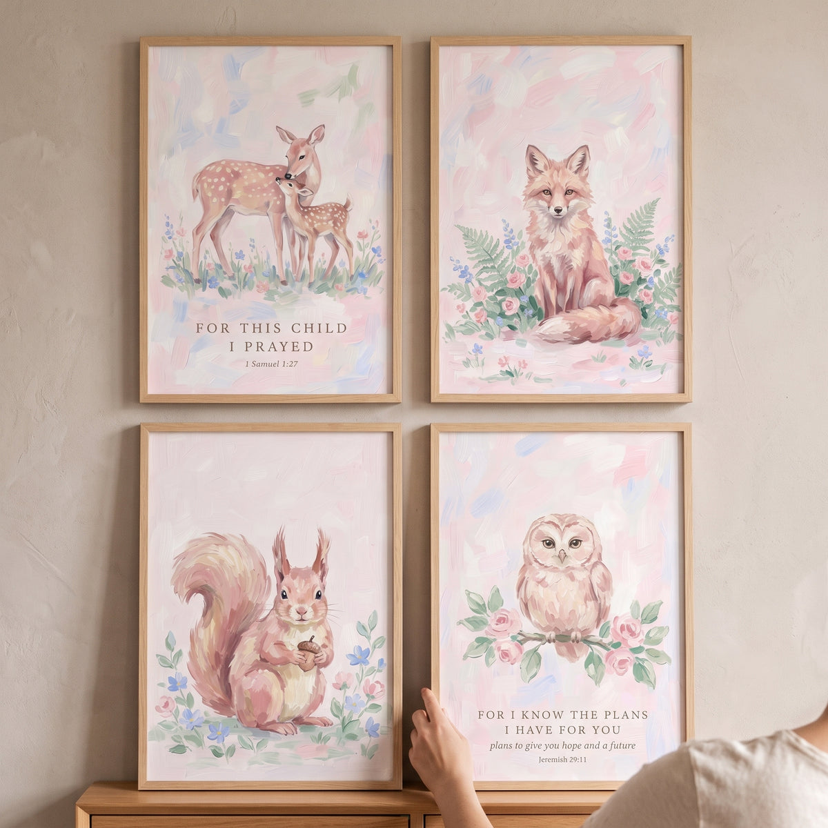 Springtime Blush Woodland Animals Wall Art Set of 4 - Woodland Nursery Blessings