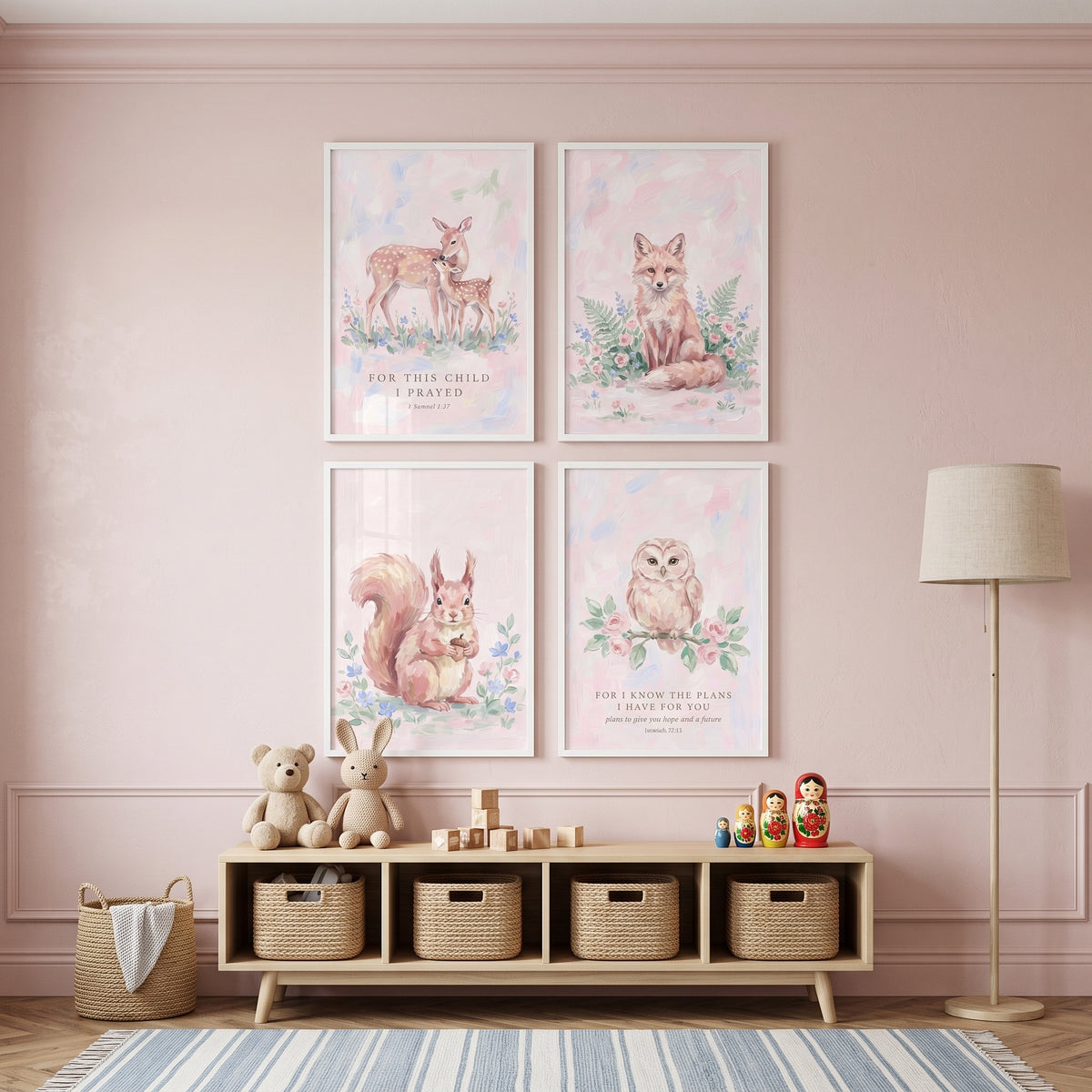 Springtime Blush Woodland Animals Wall Art Set of 4 - Woodland Nursery Blessings