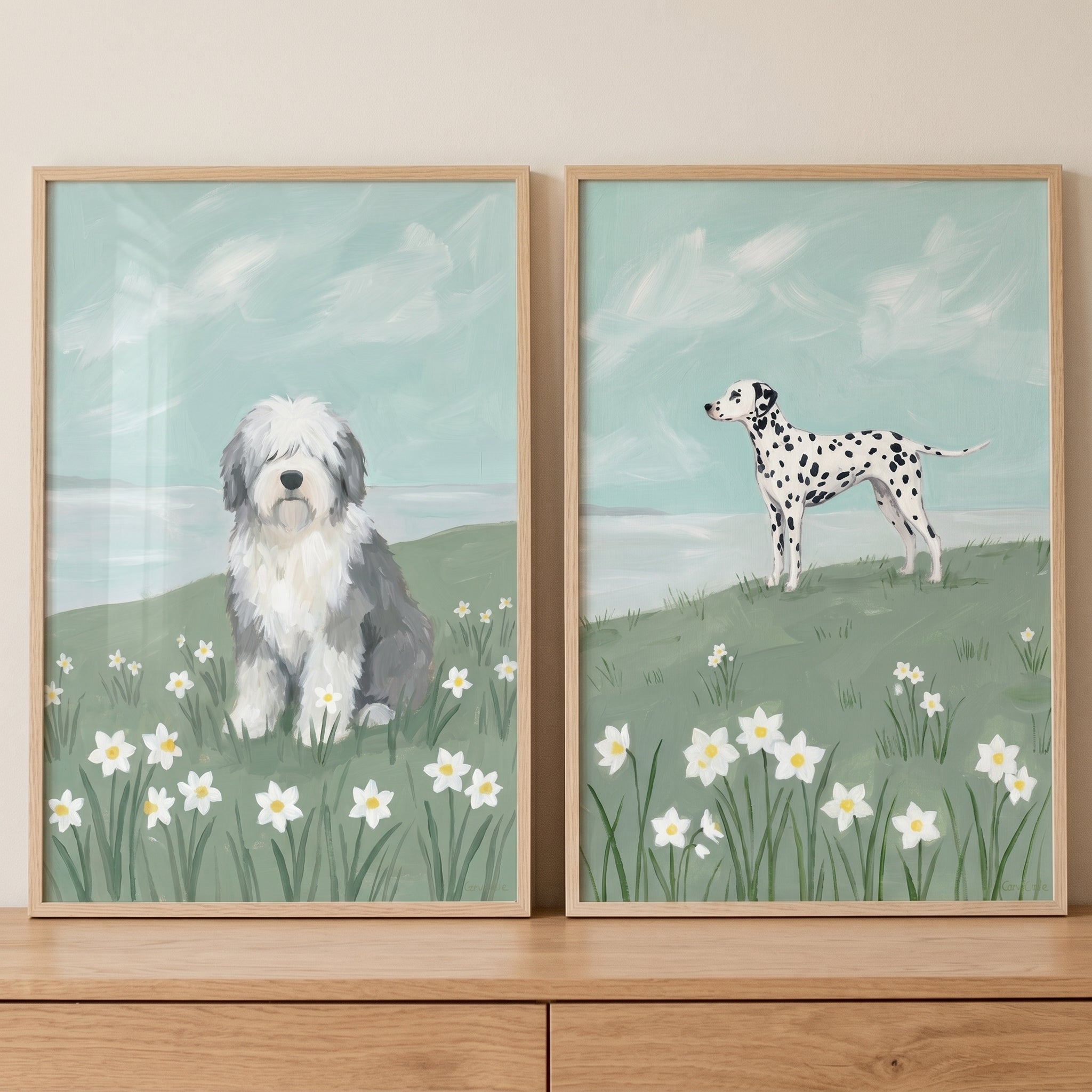 Springtime Daffodil Field Dogs Wall Art Set of 2 - Meadow Dog Duet