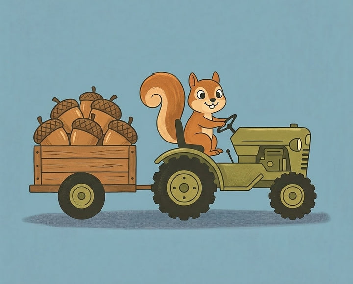 A happy squirrel drives a green tractor pulling a wooden trailer filled with giant acorns, creating a cheerful autumn harvest scene that’s perfect for kid-friendly and nature-themed content.
