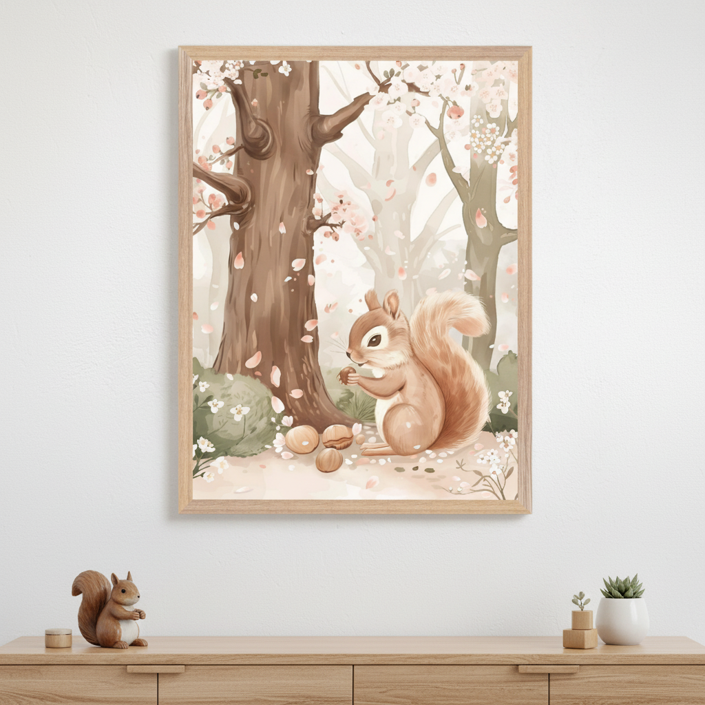 Modern child's room with a framed watercolor painting of a squirrel eating nuts under a cherry blossom tree, hanging centered above a light wood dresser. A squirrel figurine and a small potted succulent are on the dresser.