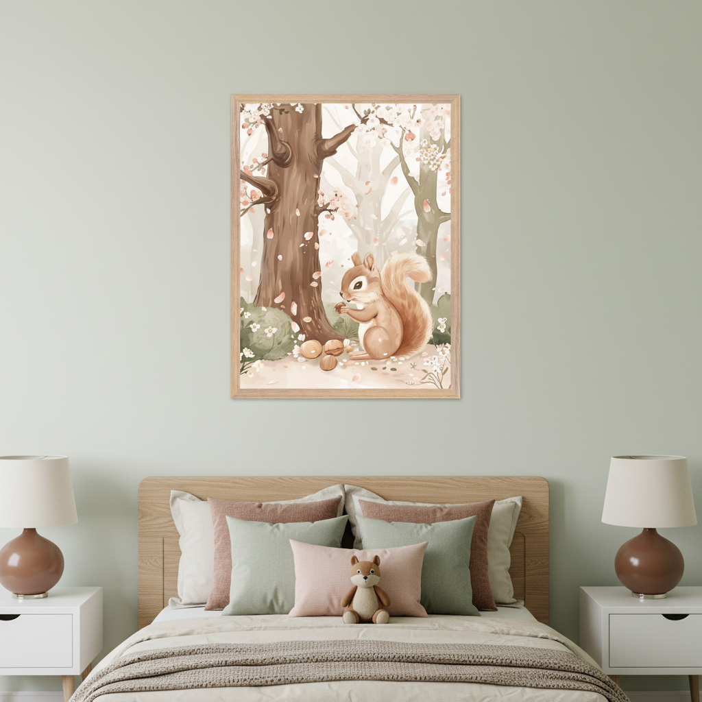 Kid's bedroom with a light wood bed and two white nightstands. A framed watercolor print of a squirrel eating nuts under a cherry blossom tree in a forest hangs centered above the bed.