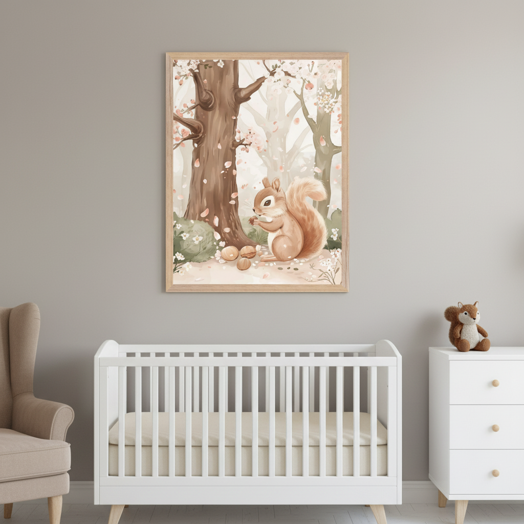 Modern nursery with a white crib, beige armchair, and white dresser. A framed watercolor illustration of a light brown squirrel eating nuts in a spring forest with cherry blossoms hangs above the crib.