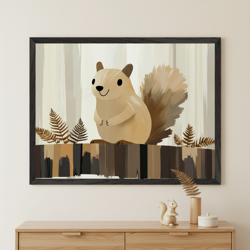 Framed illustration of a smiling cartoon squirrel with a fluffy tail, standing on a striped wooden platform with brown ferns on either side. The artwork is displayed above a wooden dresser decorated with a ceramic squirrel figurine, a beige vase with ferns, and a small lidded container.